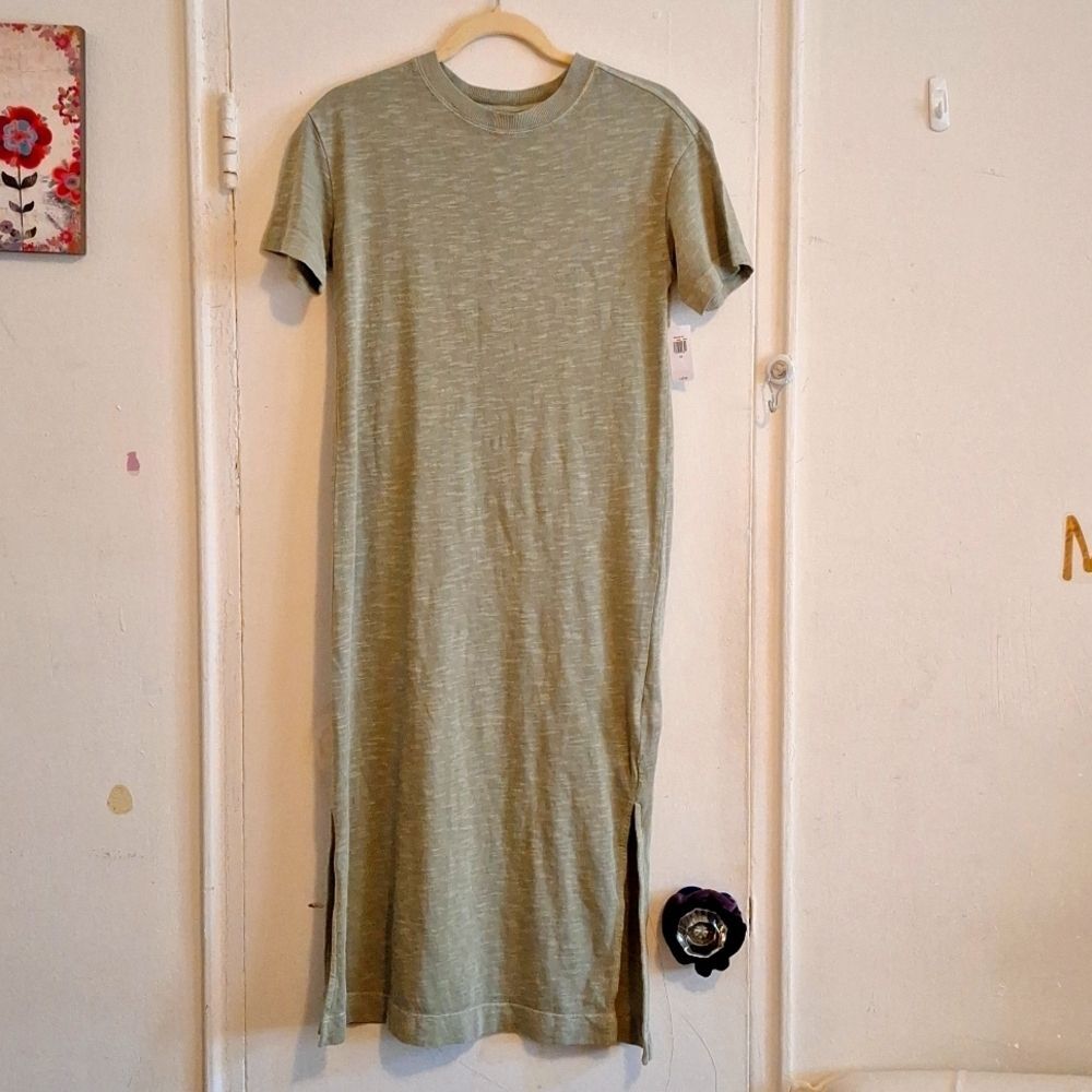 Green cotton dress relaxed fit Side Slit maxi NWT
